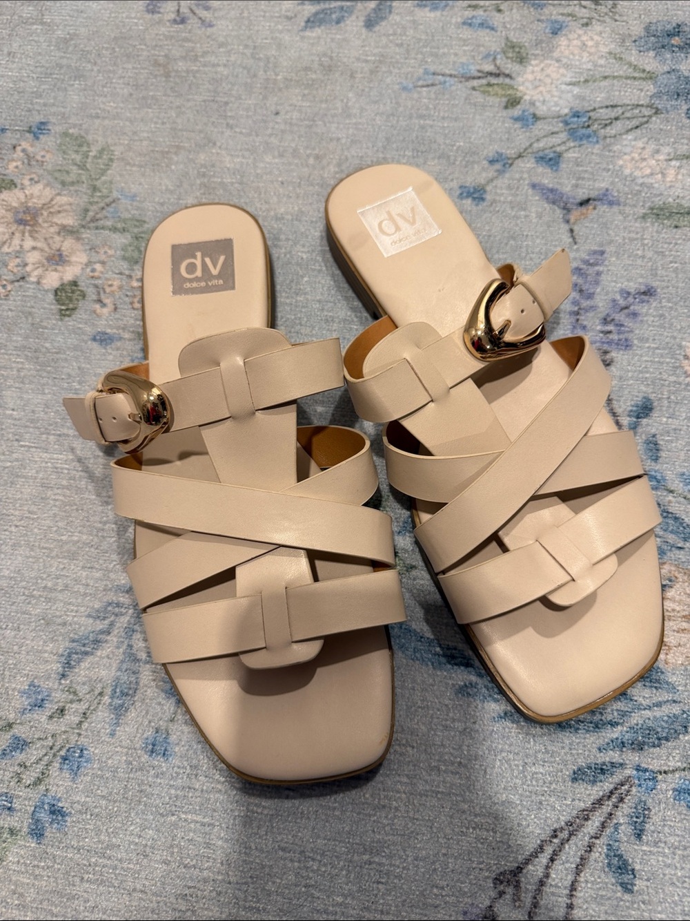 Dolce Vita Cream Leather Woven Slide Sandals with Gold Buckle